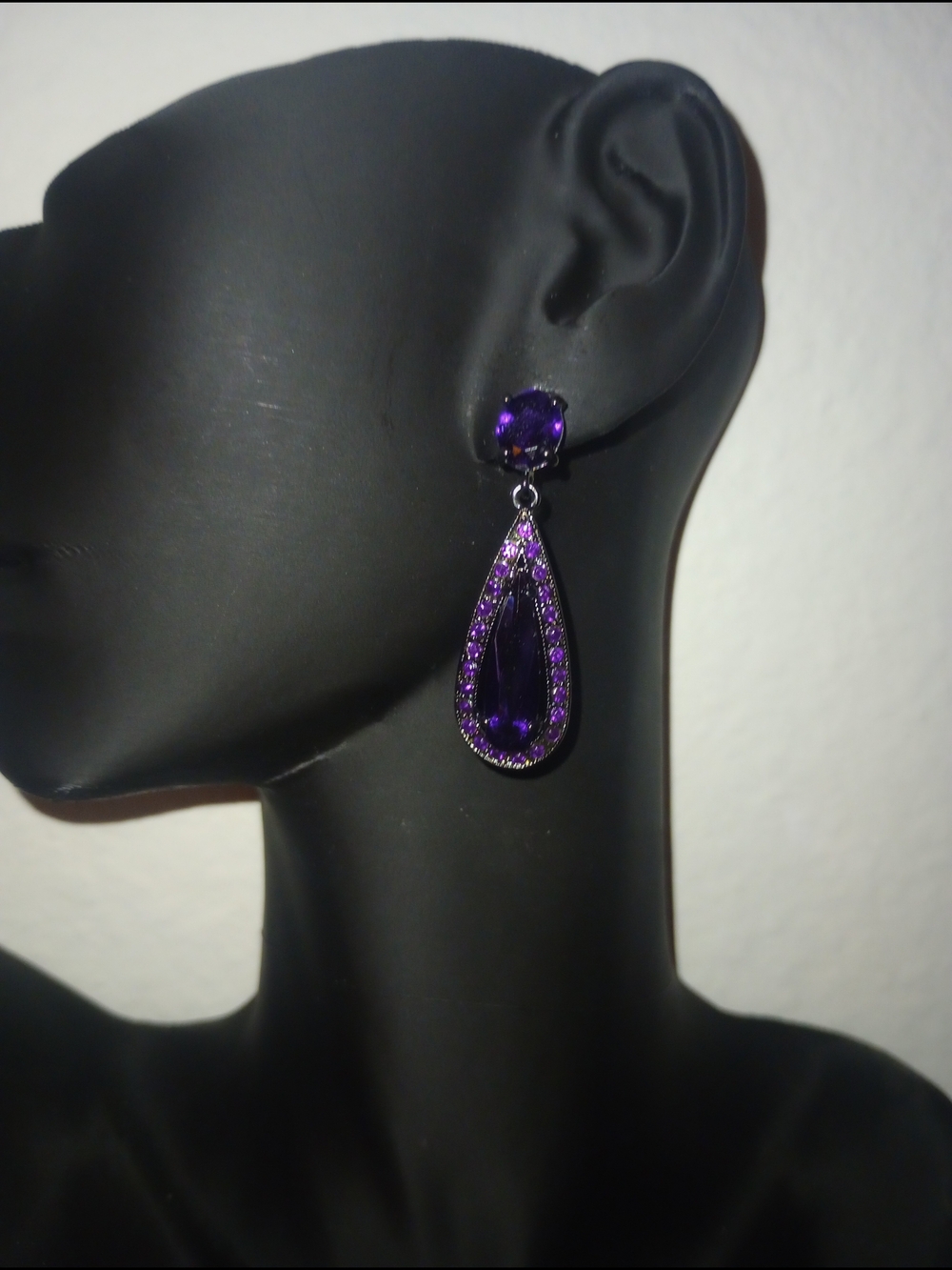 Gunmetal And Deep Purple Gem Teardrop Dangle Earrings